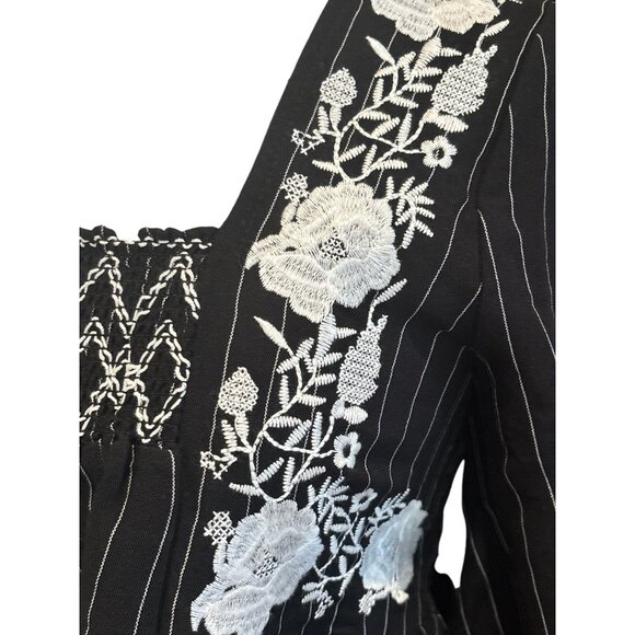 Velzera Womens Black Pinstripe Top W/ White Floral Embroidery & Smocked Details - Picture 2 of 9
